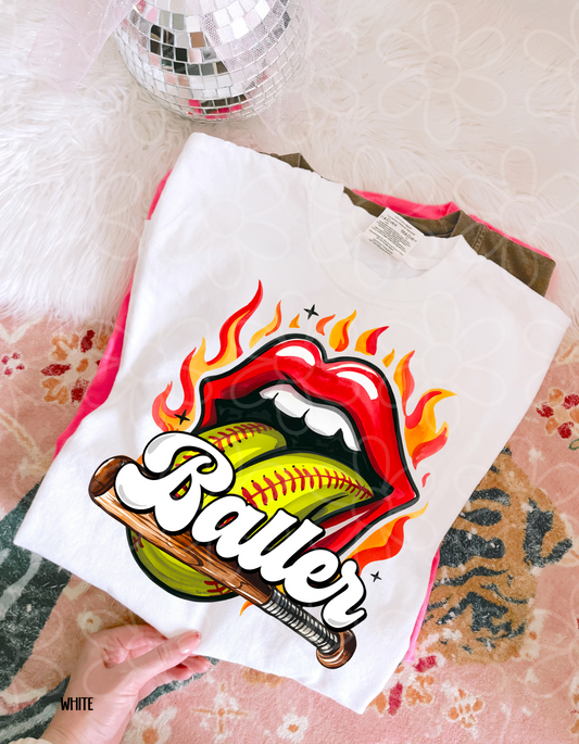Softball Baller Flames Completed Tee