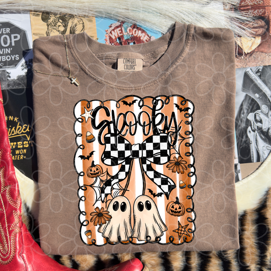 Spooky Checkered Bow Ghosts Kids Completed Tee