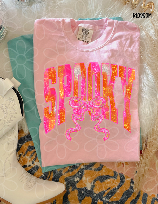 Spooky Glitter Pink Coquette Bow Completed Tee