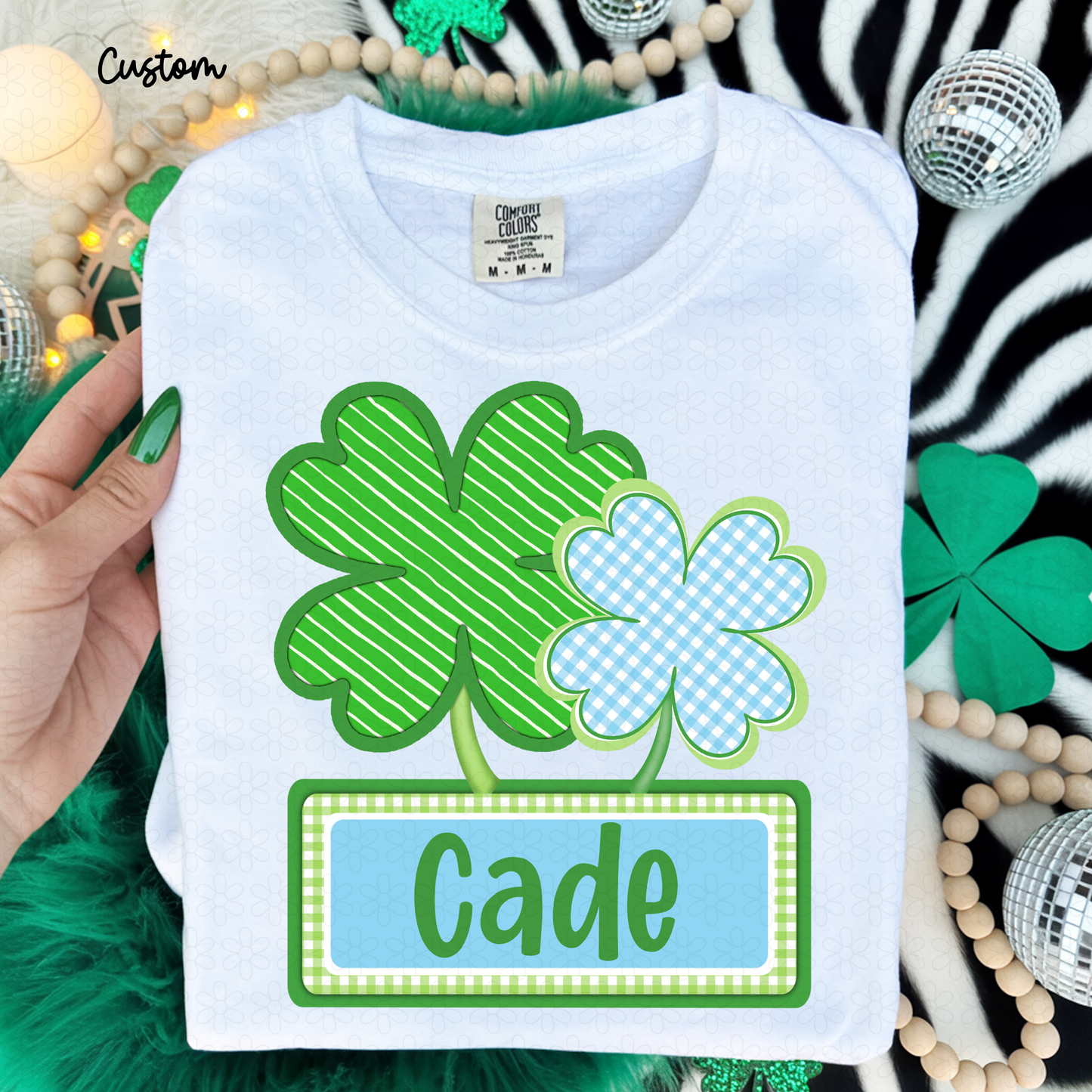 St. Patricks Clovers Blue Custom Name Kids Completed Tee