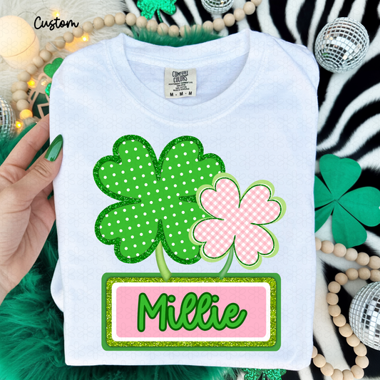 St. Patricks Clovers Pink Custom Name Kids Completed Tee