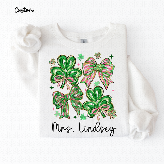 St Patricks Clovers Bows Custom Name Kids Completed Tee