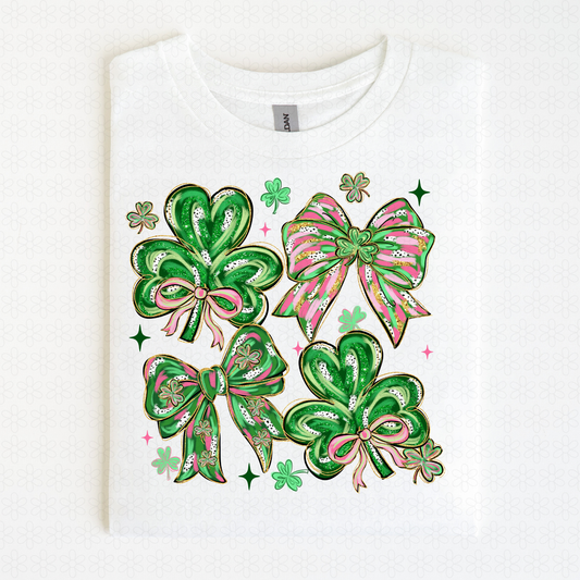 St Patricks Clovers Pink Bows Kids Completed Tee