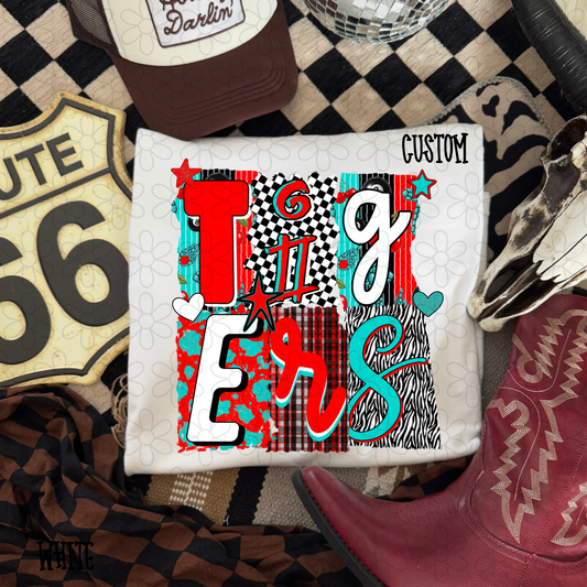 Stacked Western Red Turquoise Patterns Custom Name Kids Completed Tee