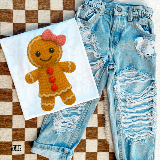Stitched Gingerbread Bow Kids Completed Tee