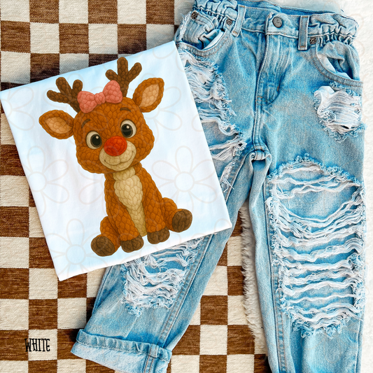 Stitched Reindeer Pink Bow DTF Transfer