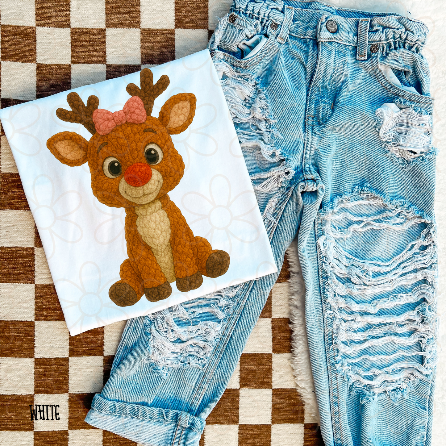 Stitched Reindeer Pink Bow Completed Tee