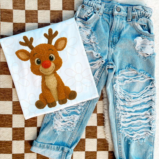 Stitched Rudolph Reindeer Kids Completed Tee