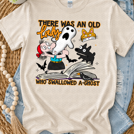 THERE WAS AN OLD Lady WHO SWALLOWED A GHOST Completed Tee