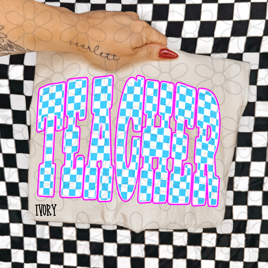 Teacher Blue Pink Checkered DTF Transfer