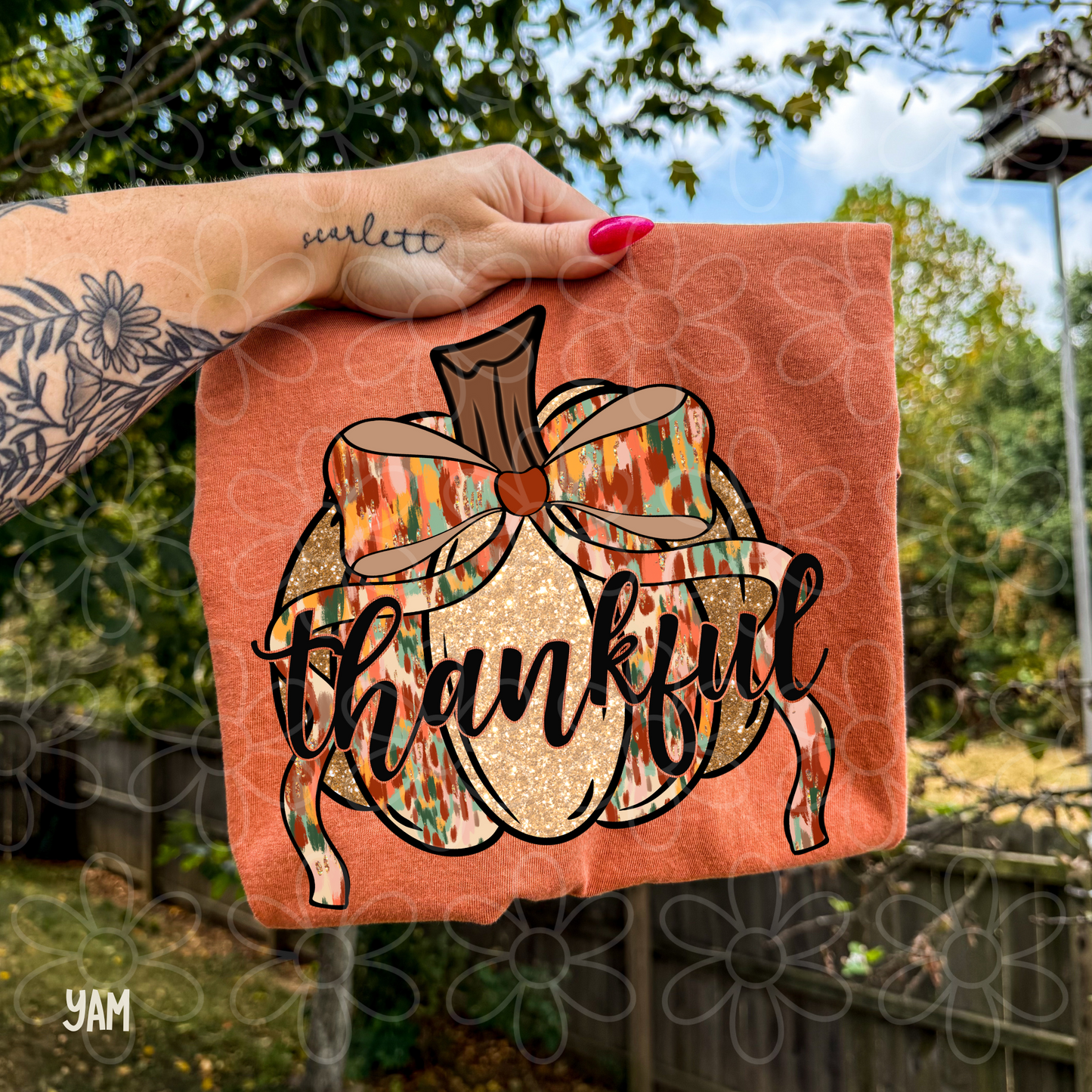 Thankful Gold Pumpkin Watercolor Bow Kids Completed Tee