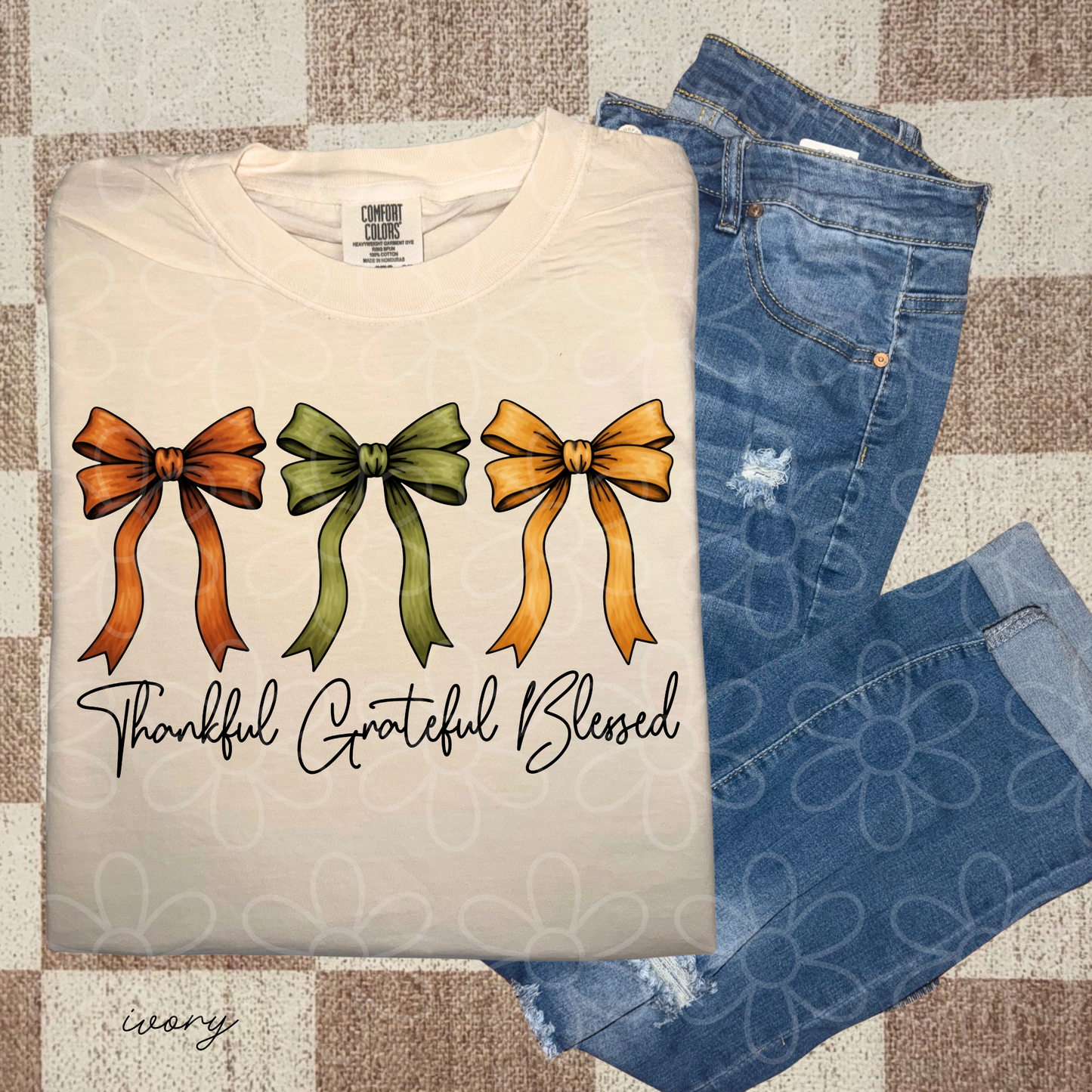 Thankful Grateful Blessed Fall Bows Kids Completed Tee