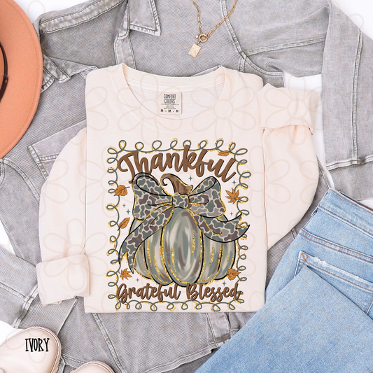 Thankful Grateful Blessed Pumpkin Camo Bow Completed Tee
