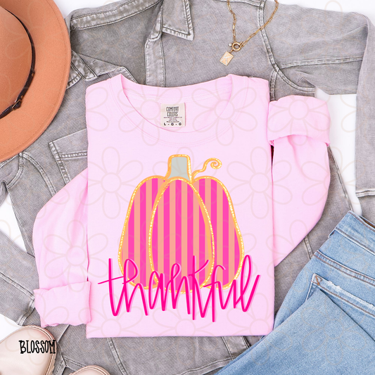 Thankful Pink Striped Pumpkin Completed Tee