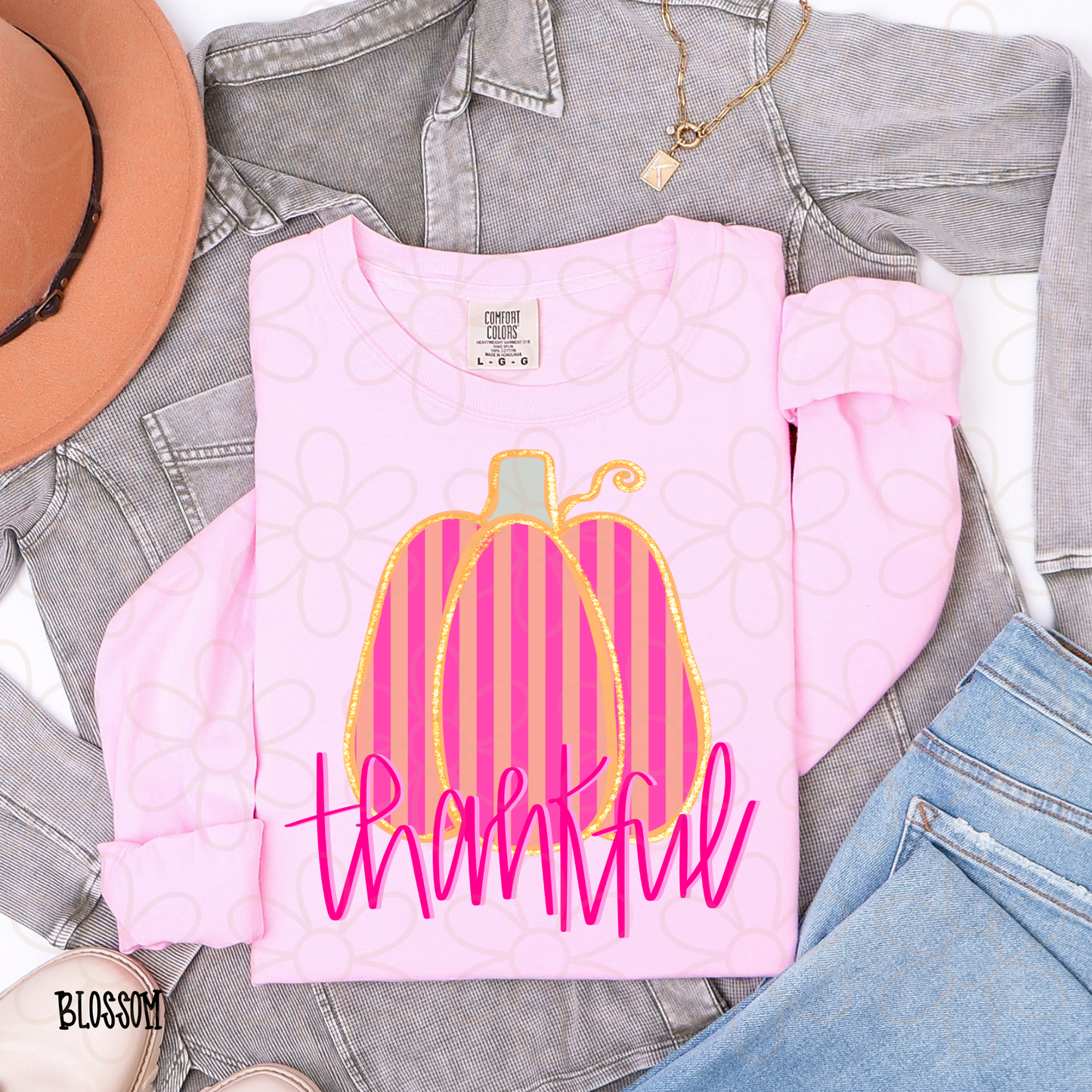 Thankful Pink Striped Pumpkin Kids Completed Tee