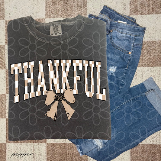 Thankful Tan & White Checkered Bow Completed Tee