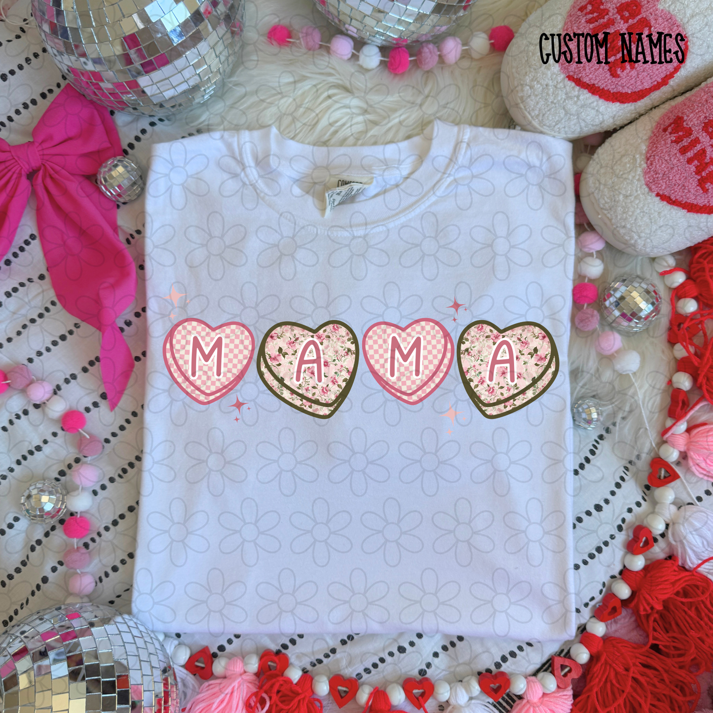 Valentine Checkered Floral Hearts Custom Name Completed Tee