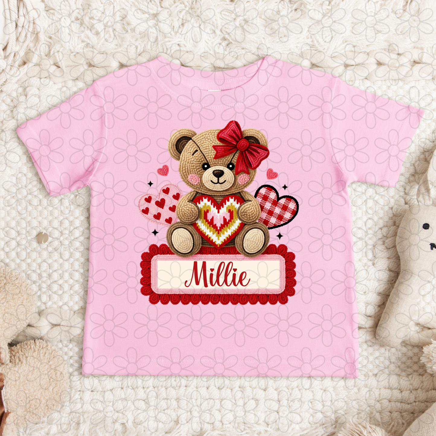 Valentines Bear Hearts Custom Name Kids Completed Tee