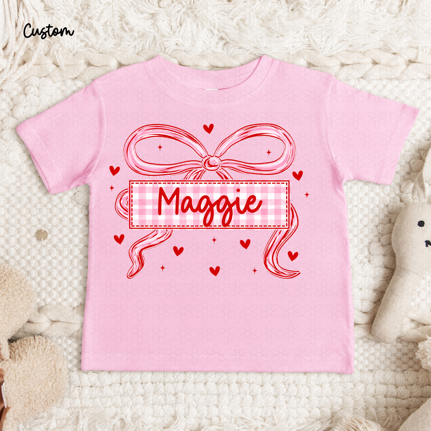 Valentines Bow Hearts Custom Name Kids Completed Tee