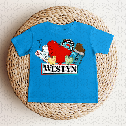 Valentines Heart Hat Custom Name Kids Completed Tee