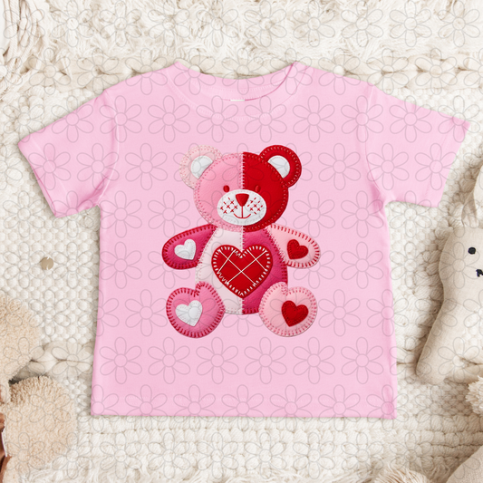 Valentines Stitched Bear Kids Completed Tee