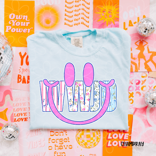 WWJD Floral Pink Smiley Completed Tee