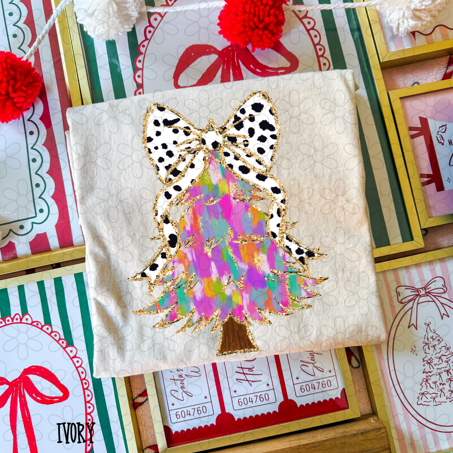 Watercolor Christmas Tree Coquette Bow Kids Completed Tee