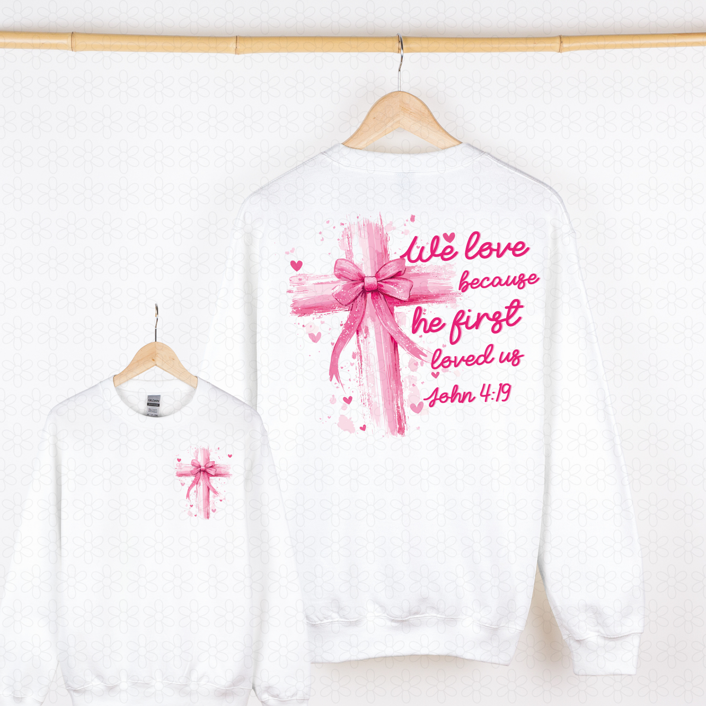 We Love Because He First Loved Us Pink Cross Kids Completed Tee