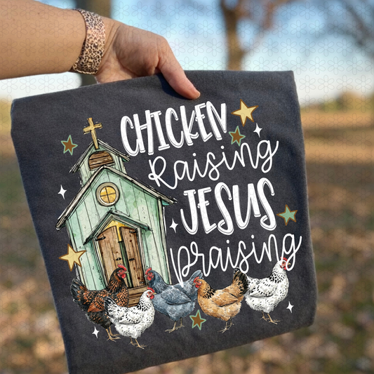 White Chicken Raising Jesus Praising Completed Tee