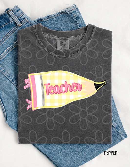 Yellow Plaid Pencil Teacher Completed Tee