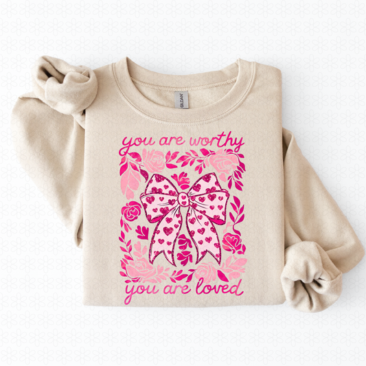 You Are Worthy You Are Loved Pink Flowers Bow Kids Completed Tee