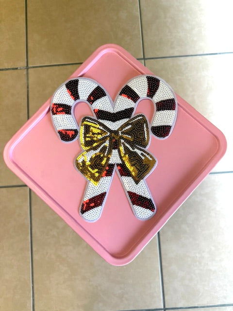 Candy cane gold bow coquette sequin patch