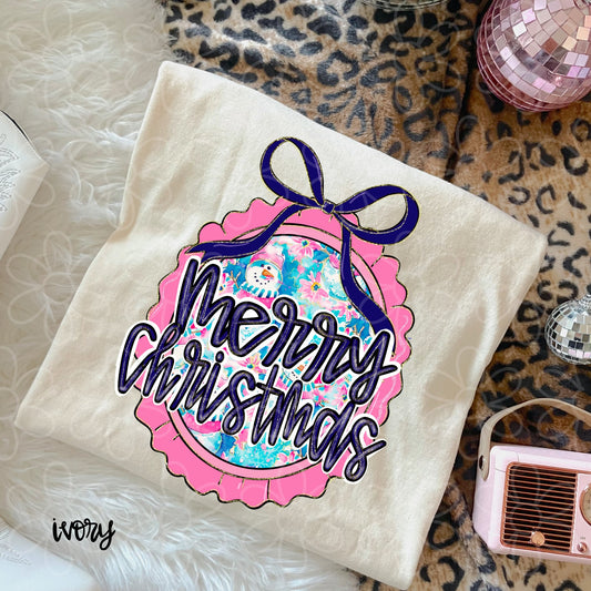 Pink and Blue Floral Merry Christmas DTF Transfer