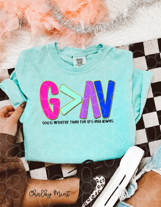 God Is Greater Than The Ups And Downs Gold Glitter Kids Completed Tee