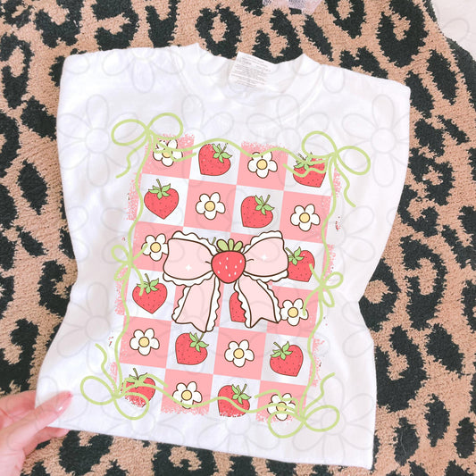 Strawberry Flower Coquette Bow Kids Completed Tee
