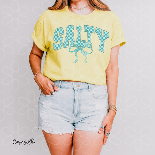 Blue Checkered Salty Bow Kids Completed Tee