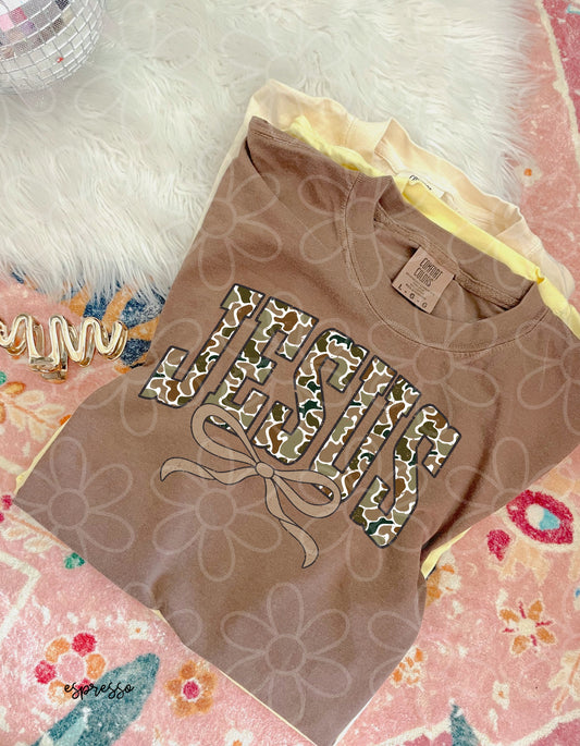 Distressed Camo Jesus Brown Bow Kids Completed Tee