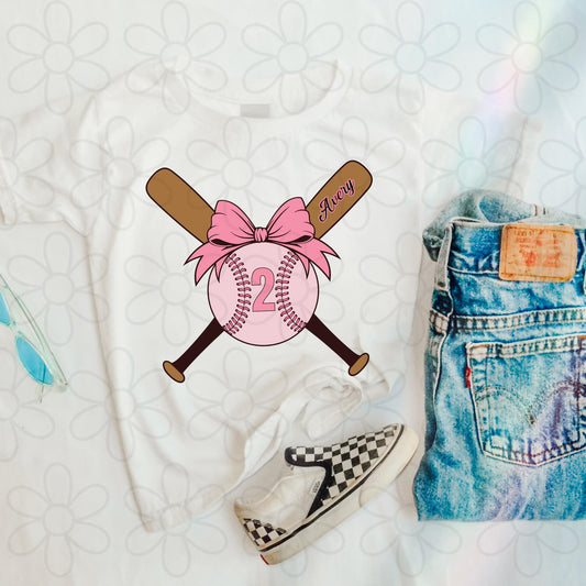 Pink Custom Name & Number Coquette Bat Kids Completed Tee