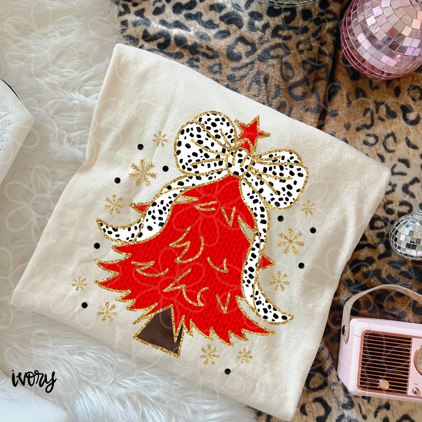 Gold Glitter Red Christmas Tree DTF Transfer