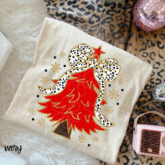 Gold Glitter Red Christmas Tree DTF Transfer