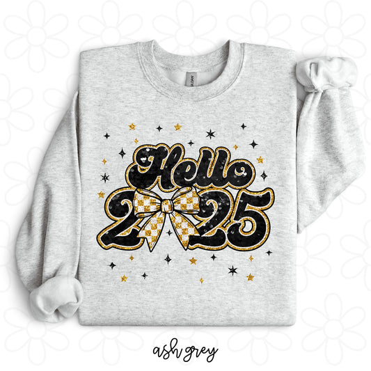 Gold Glitter Hello 2025 Bow Completed Tee