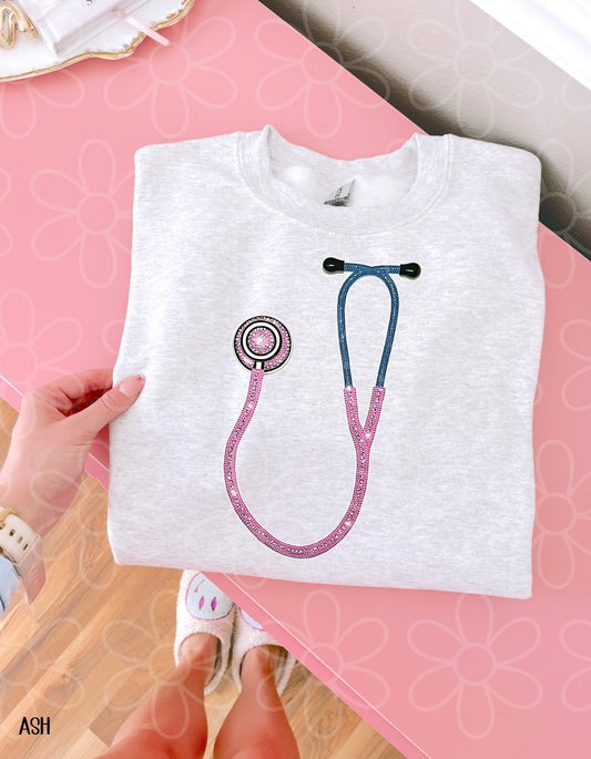 Pink Faux Rhinestone Stethoscope Completed Tee
