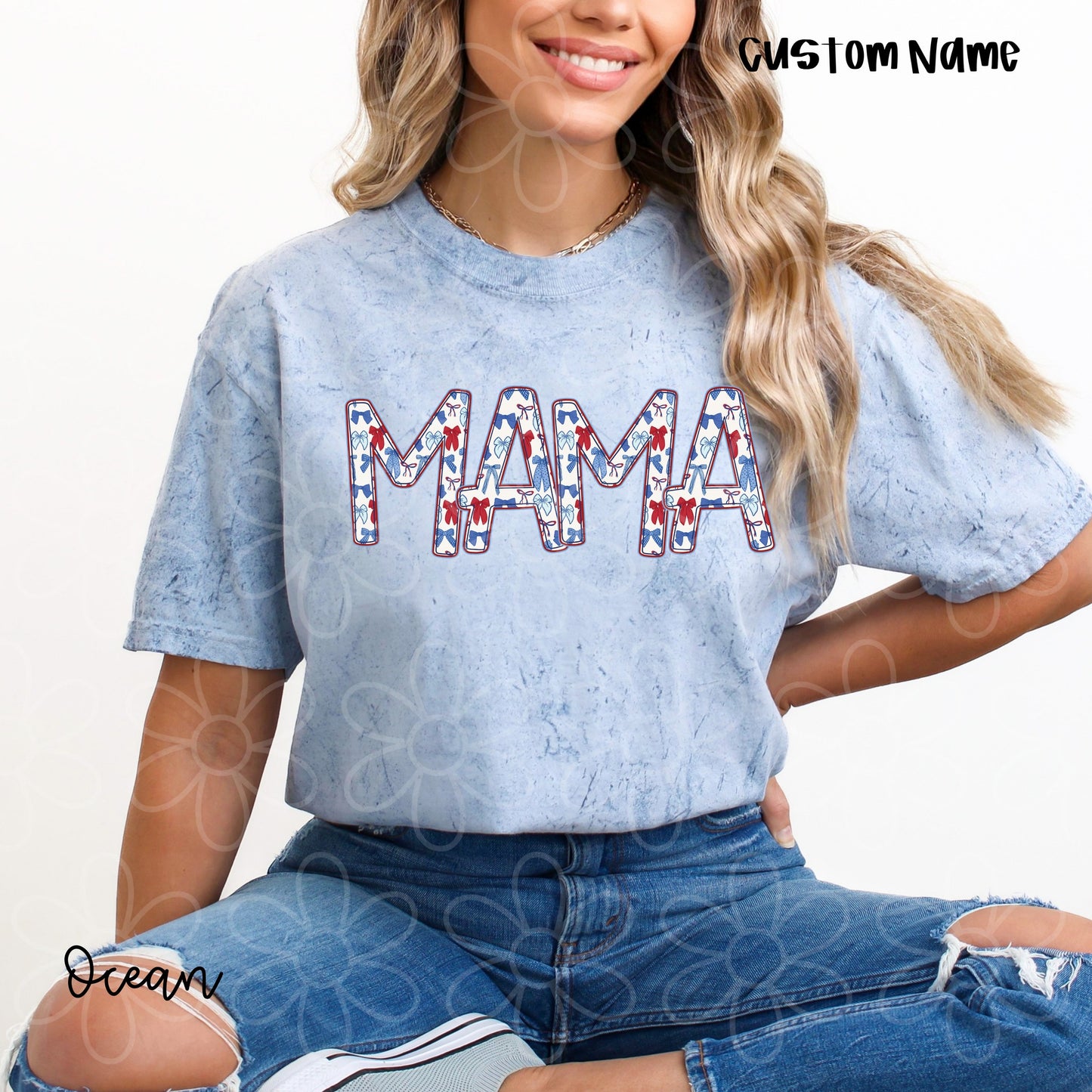 Red White Blue Coquette Bow Custom Names Kids Completed Tee