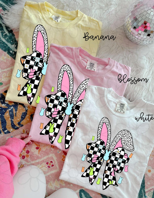 Retro Checkered Bow Speckle Bunny DTF Transfer