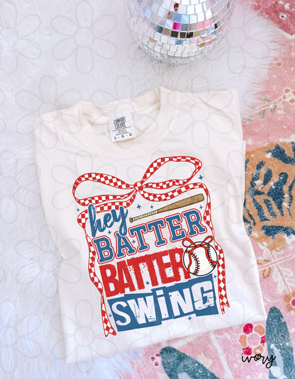 Checkered Bow Hey Batter Batter Swing Kids Completed Tee