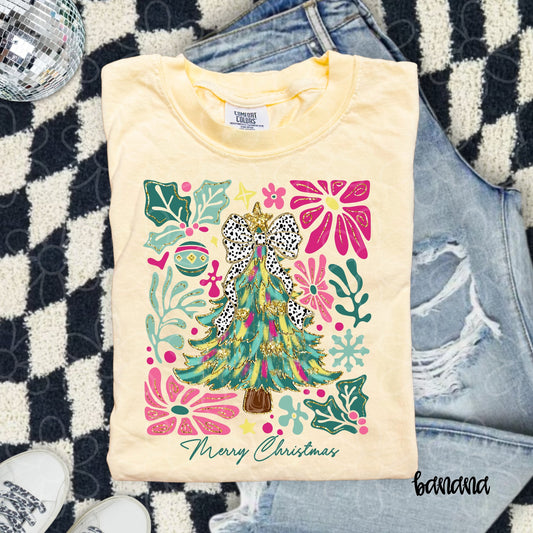 Merry Christmas Pink and Teal Tree DTF Transfer
