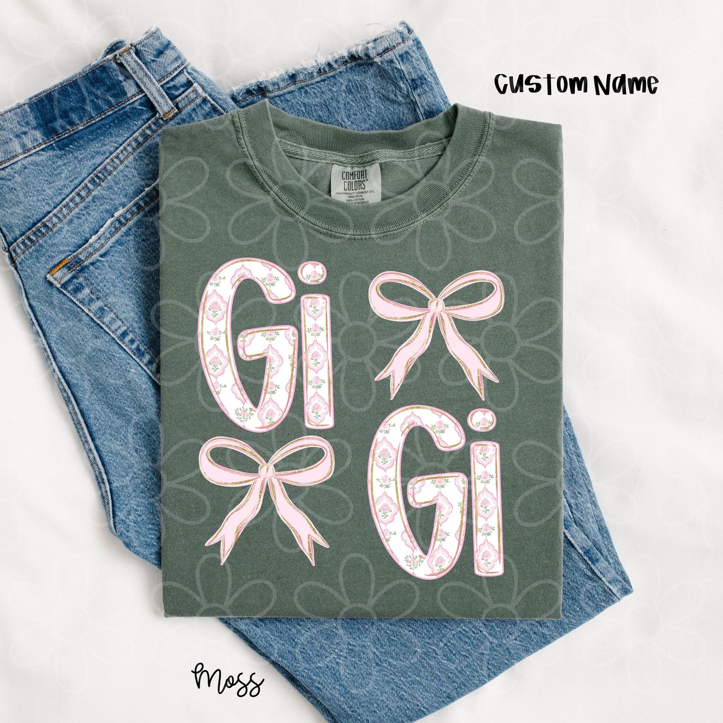 Custom Gold Glitter Pink Rose Names 2 Bow Kids Completed Tee