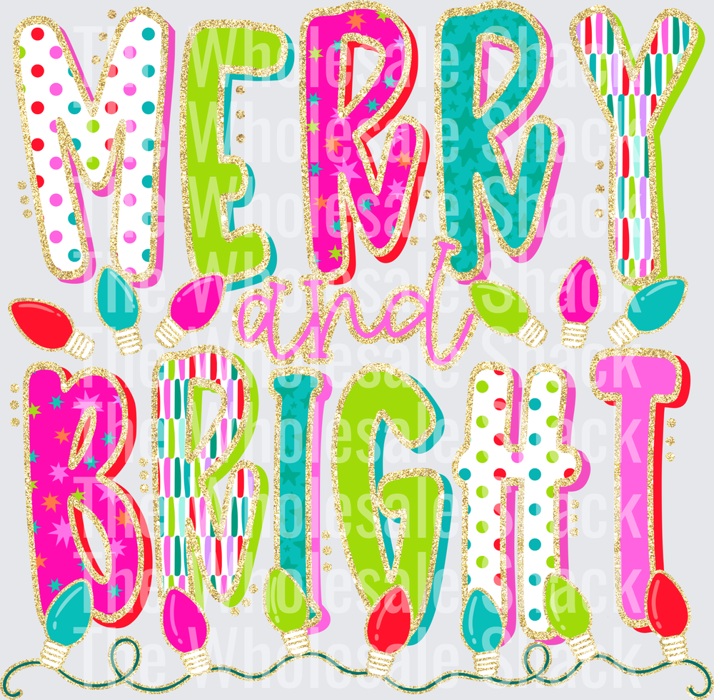 Merry and bright glitter DTF Transfers
