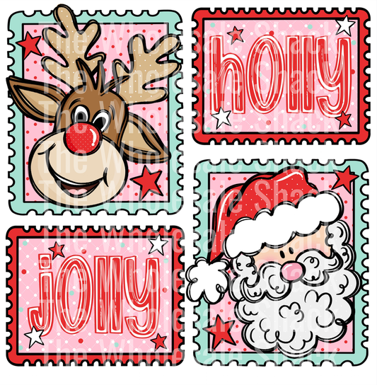 Holly Jolly Reindeer Santa Stamps DTF Transfers