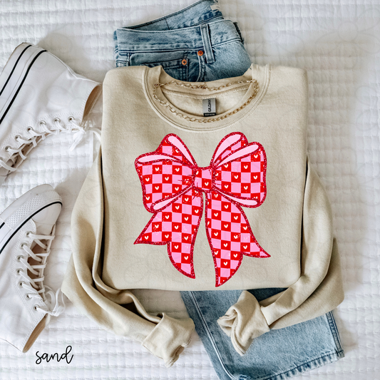 Red Glitter Checkered Valentine Bow Kids Completed Tee